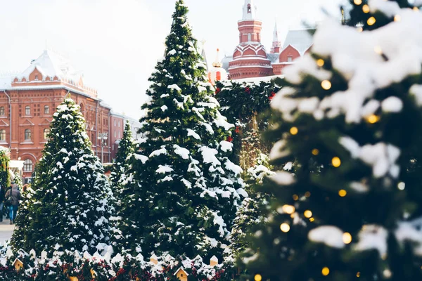 Vacanze Natale Paesaggio Invernale Innevato Fiera Natale Sulla Piazza Rossa — Foto Stock