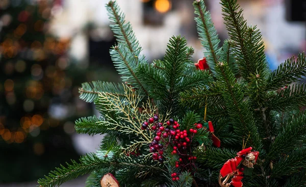 装飾されたクリスマスツリー 背景がぼやけている 松の枝に吊るされたクリスマス飾りの玉クリスマスツリーの庭とコピースペースで抽象的な背景を持つ装飾 — ストック写真
