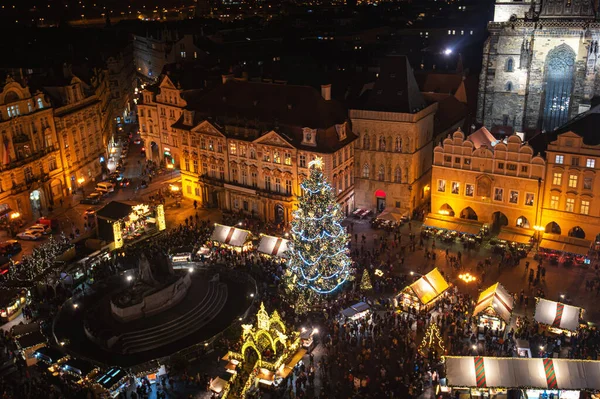 Old Town square with christmas illuminated. View from above on traditional Christmas market at Old Town Square illuminated and decorated for holidays in Prague, Czech Republic.