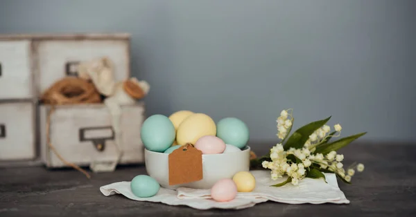 Huevos Pascua Sobre Fondo Madera Fondo Primavera Vintage Para Vacaciones — Foto de Stock