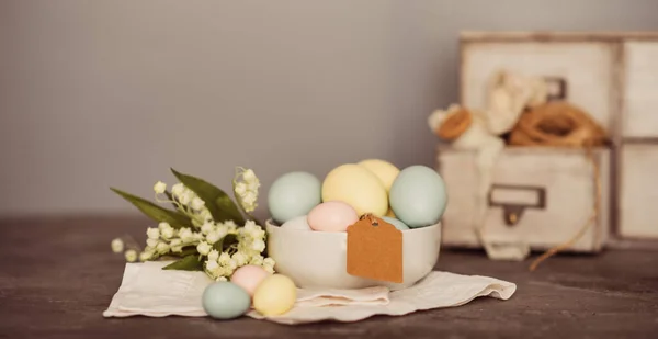 Huevos Pascua Sobre Fondo Madera Fondo Primavera Vintage Para Vacaciones — Foto de Stock