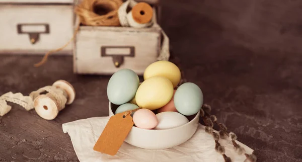 Huevos Pascua Sobre Fondo Madera Fondo Primavera Vintage Para Vacaciones — Foto de Stock