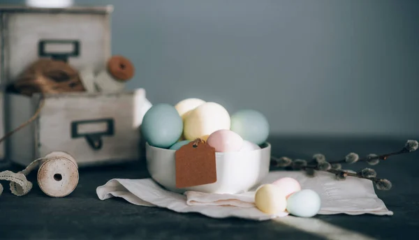 Huevos Pascua Sobre Fondo Madera Fondo Primavera Vintage Para Vacaciones — Foto de Stock