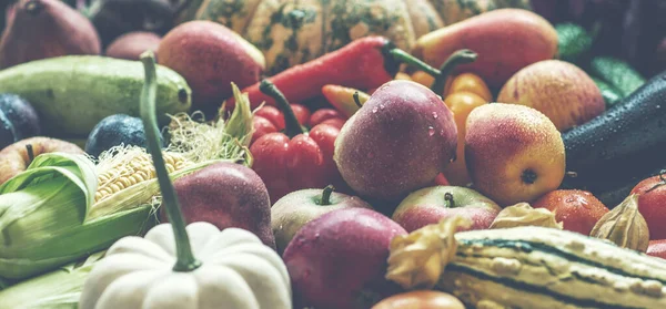 Fall harvest cornucopia. Happy Thanksgiving Day background, wooden table with autumn fruits and vegetables. Harvest festival. Selective focus.