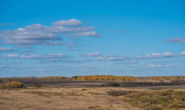 Ufukta sonbahar yaprakları ve rüzgar türbinleri olan uzak ağaçlar tarafından çevrelenmiş, katmanlı beyaz bulutların oluşturduğu geniş bir gökyüzünün panoramik manzarası..
