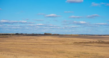 Ufukta sonbahar yaprakları ve rüzgar türbinleri olan uzak ağaçlar tarafından çevrelenmiş, katmanlı beyaz bulutların oluşturduğu geniş bir gökyüzünün panoramik manzarası..
