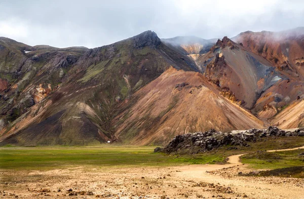 Colorful Panorama Winding Footpath High Mountain Peaks Yellow Volcanic Hills — Stock fotografie