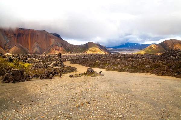 Front View Hiking Footpath Frozen Volcanic Lava Orange Hills Rocks — Stock Fotó