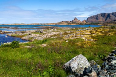 Leka adasındaki kıyı manzarası. Dağ sırasına bakın ve Heilhornet 'i arka tarafta anakaraya yerleştirin. Mavi gökyüzünün altında mavi denizin kıyısında büyük taşlar ve yeşil çimenler. Norveç 'in Trondelag ilçesi