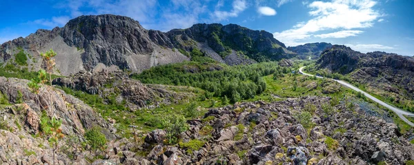 Tepeden gri dağlara kadar geniş bir manzara, bir orman vadisi, kayalık tepeler ve ufka giden asfalt bir yol. Leka Trondelag Adası, Norveç