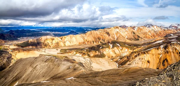 Landmannalaugar, İzlanda 'da mavi bulutların altında dev turuncu dağ manzarası