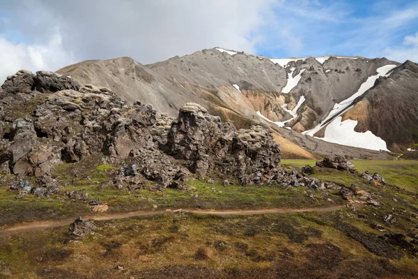 Turuncu kil üzerinde Landmannalaugar İzlanda 'nın renkli dağlarının arasındaki patikayı bük.