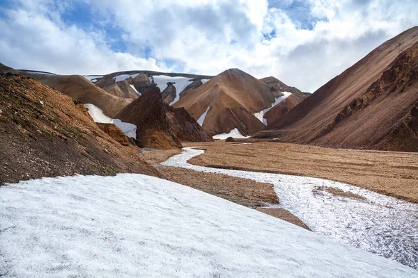 Turuncu bir vadideki geniş nehir Landmannalaugar İzlanda 'nın turuncu dağlarının arasında.