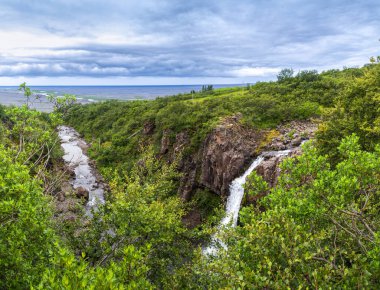 İki şelale ve ufukta okyanus manzaralı İzlanda yazı