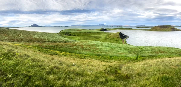 Área verde de pastizales de pseudo cráteres volcánicos cerca de Skutustadir. Lago Myvatn. — Foto de Stock