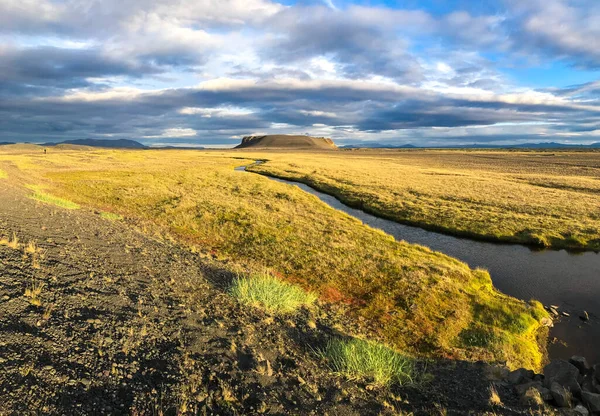Nehirdeki panorama turuncu çimlerin arasından İzlanda 'daki dağlara akar. 