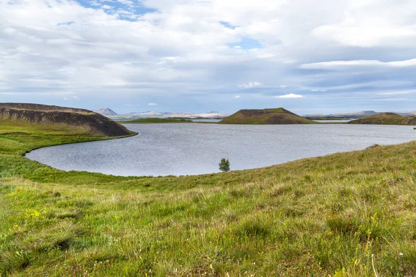 Jezero Myvatn. Zelená travnatá plocha pseudokráterů sopečných u Skutustadir. — Stock fotografie