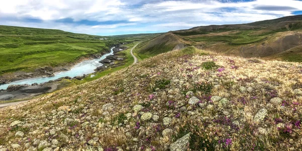 Πανόραμα με πράσινα λιβάδια και πέτρες και ένα ποτάμι ανάμεσα στην κοιλάδα της Ισλανδίας. — Φωτογραφία Αρχείου