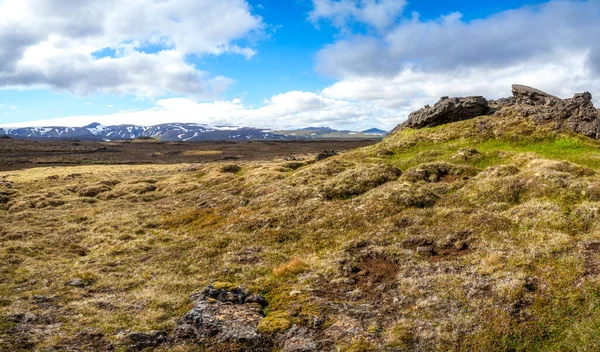 Volkan arazisindeki Landmannalaugar yosunu ve turuncu lav çöl tepeleri. İzlanda 
