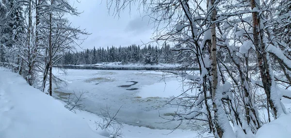 Panorama de un río cubierto de hielo entre un bosque de taiga congelado en un duro invierno —  Fotos de Stock