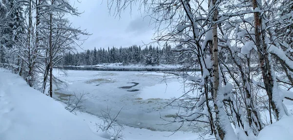 Panorama d'une rivière recouverte de glace dans une forêt de taïga gelée au cours d'un hiver rigoureux — Photo