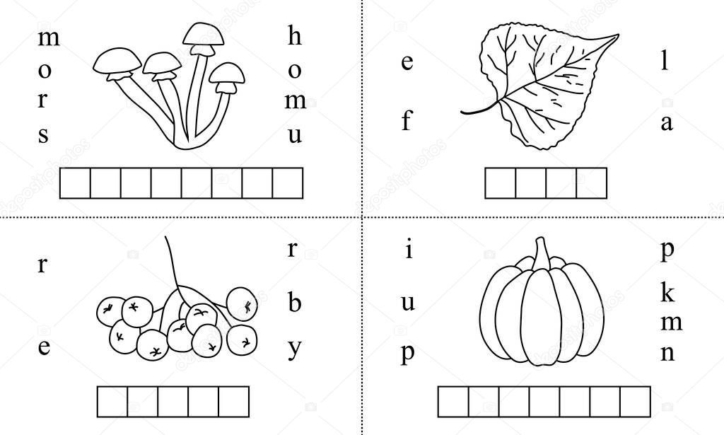 Set of words puzzle. Educational game for kids. Coloring book for children