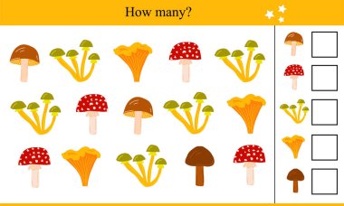 Kaç mantar? Çocuklar için eğitici bir oyun. Sonbahar vektör illüstrasyonu