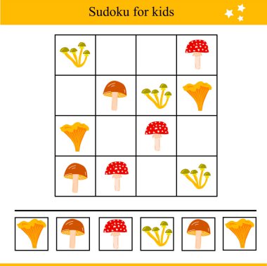 Mantarlı çocuklar için sudoku. Çocuklar için eğitici bir oyun. Sonbahar vektör illüstrasyonu