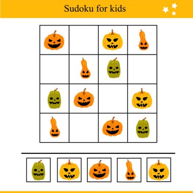 Cadılar Bayramı balkabaklı çocuklar için sudoku. Çocuklar için eğitici bir oyun. Sonbahar vektör illüstrasyonu
