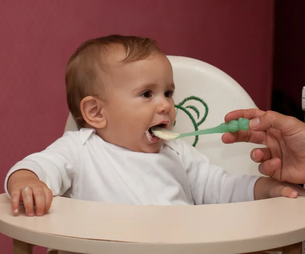 Alimentação bonito bebê menino sólidos — Fotografia de Stock