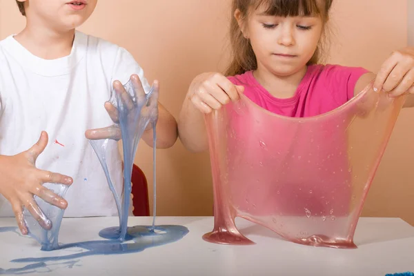 Children Inflates Big Bubble Slime Girl Boy Play Slime — Stock Photo, Image