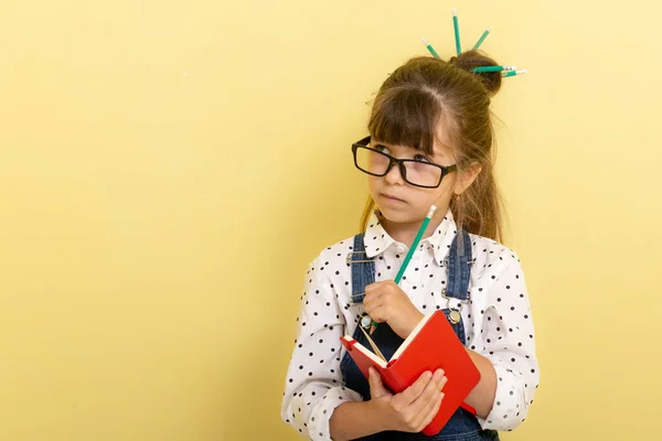 학교갈 준비가 된아이 물품을 안경에 어린이 학교의 개념으로 돌아가 봅시다 — 스톡 사진
