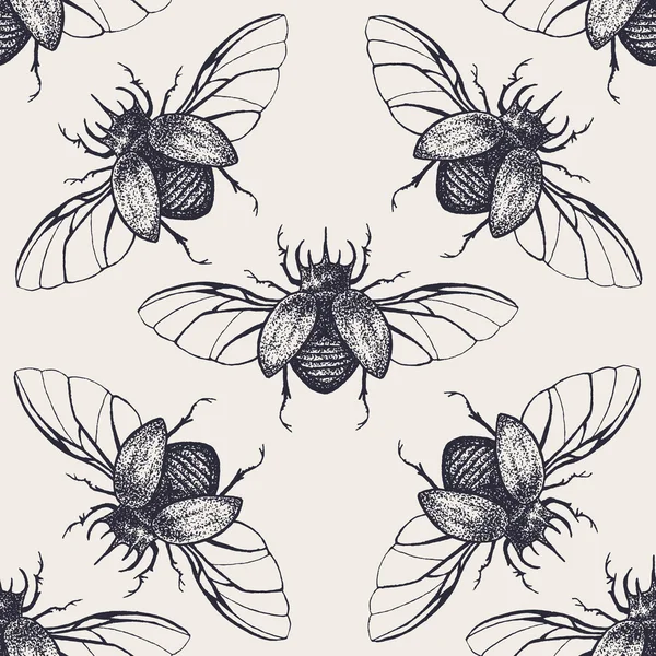 Beetles with wings vintage seamless pattern — Stock Vector