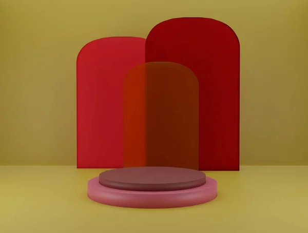 Sarı arka planda pembe ve koyu kahverengi bir podyum. Arkasında üç renkli opak cam panel var..
