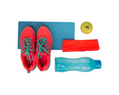 Üstten Görünüm Spor donatımı. Sağlıklı yaşam ve sağlıklı gıda kavramı