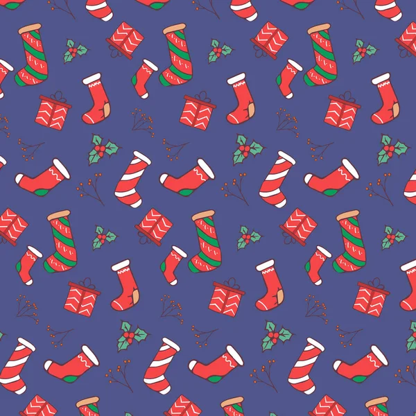 Seamless Pattern Christmas Socks Gifts Mountain Ash — Stock Photo, Image