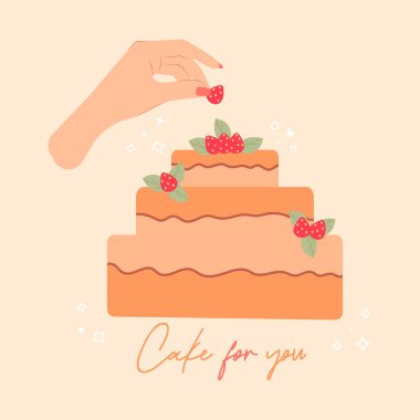 Senin için bir pasta. Çok güzel bir pasta. Pastalı şirin bir kartpostal. Vektör illüstrasyonu..