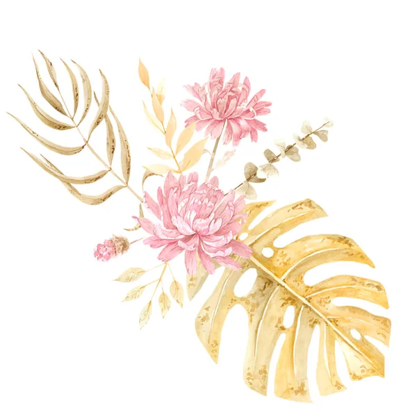 Akvarell Sammansättning Tropiska Blad Och Blommor Pastellnyanser Vit Bakgrund — Stockfoto