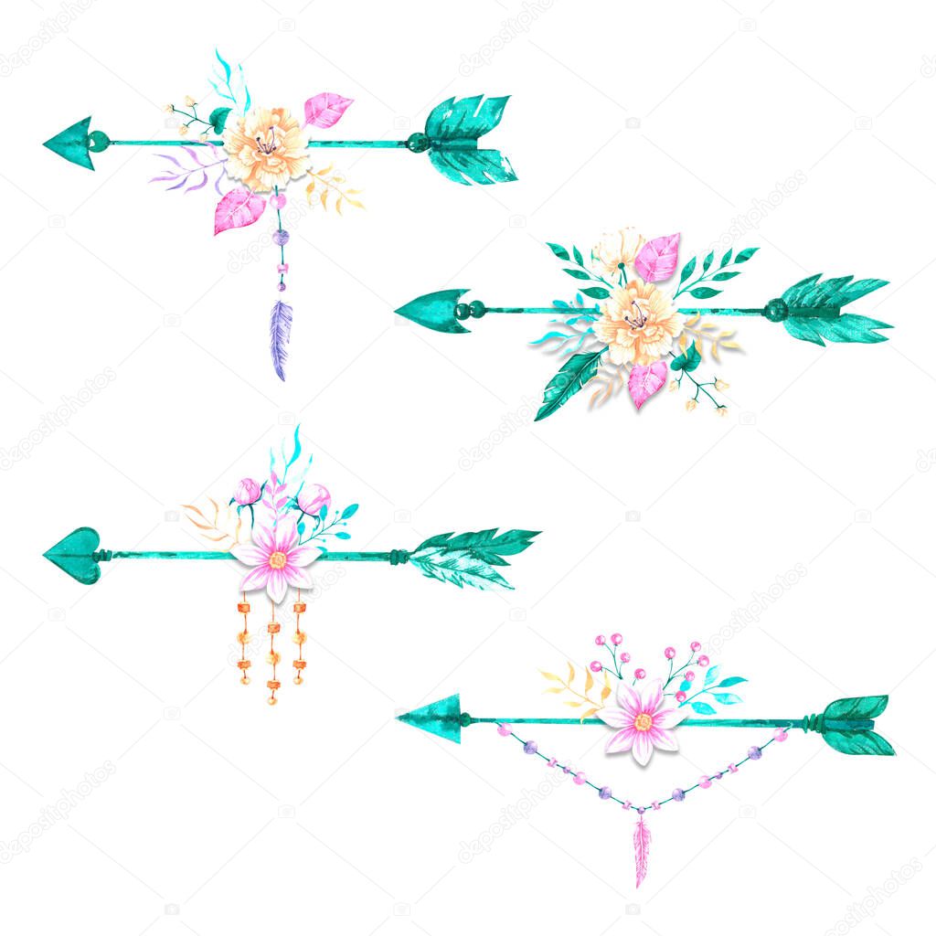 Watercolor illustration of arrows with flowers. Art for your design. The drawn elements of the clipart.