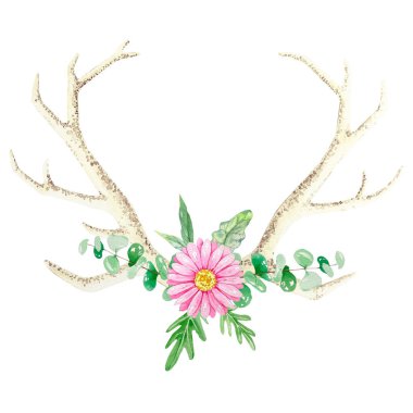 Pembe çiçekli suluboya boynuzlar, logonuz için okaliptüs yaprakları..