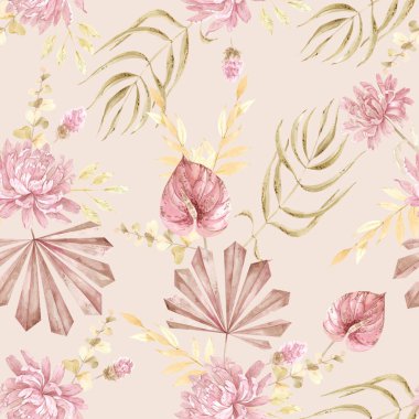 suluboya geometrik desenli tropikal yapraklar ve beyaz arka planda pastel tonlarda çiçekler