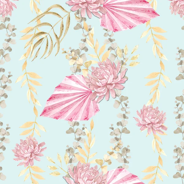 Akvarell Geometriska Sömlösa Mönster Med Tropiska Blad Och Blommor Pastellnyanser — Stockfoto