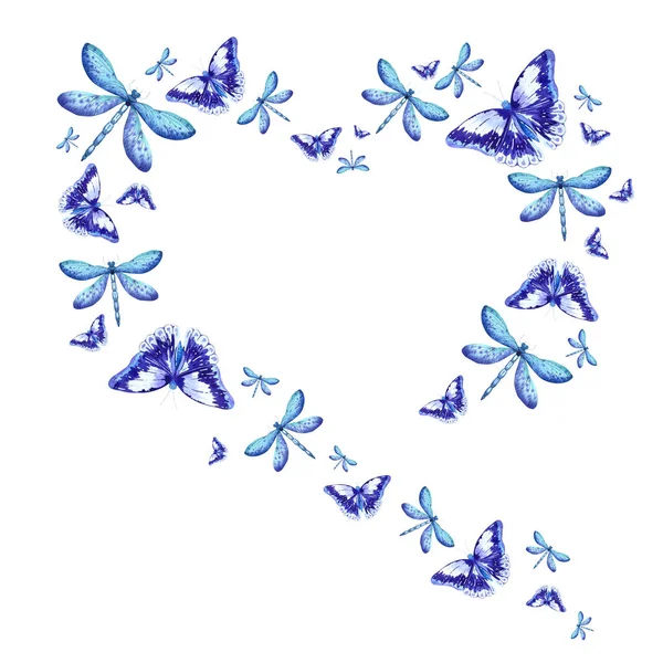 Akvarelové Fialové Rámečky Motýlů Vážky Karty Logo Ručně Vyráběné Ilustrace — Stock fotografie