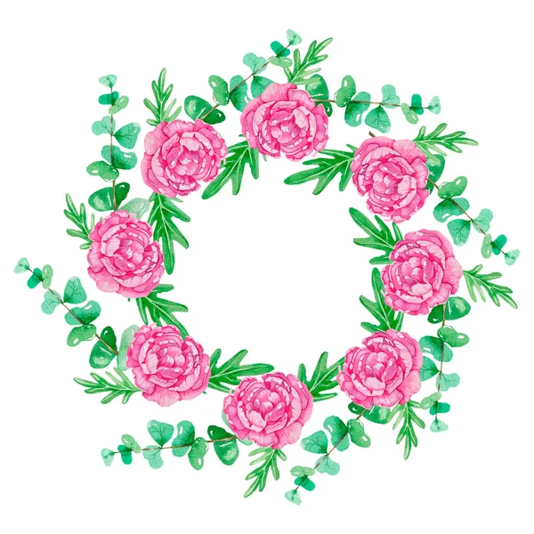 Marco Acuarela Hecho Flores Rosadas Hojas Eucalipto Verde Para Diseño — Foto de Stock