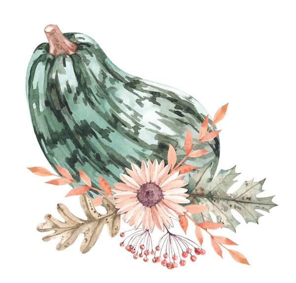 Sammansã Ttning Med Akvarell Pumpor Och Blommor Höstens Akvarell Illustrationer — Stockfoto
