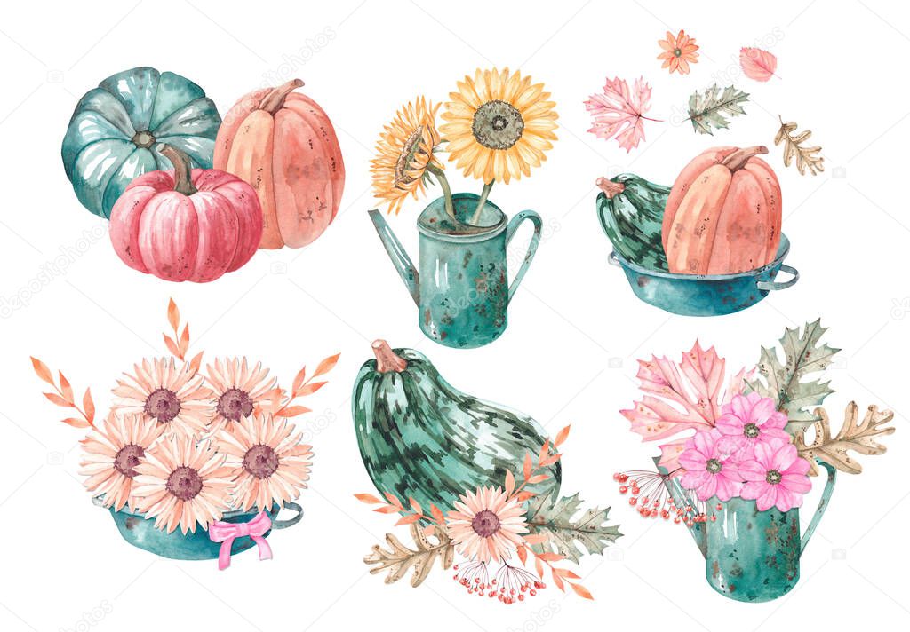 Autumn compositions with pumpkins, flowers and leaves. Autumn watercolor illustrations with fading leaves and flowers, autumn elements for design.Autumn pumpkin painted in watercolor.