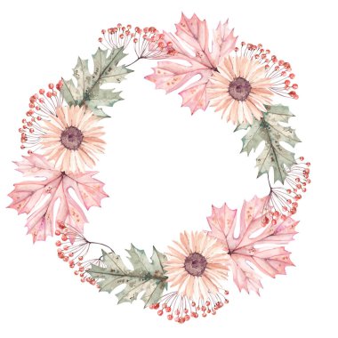 Sonbahar çiçekleri ve yaprakları olan altın çerçeve. Çiçeklerin, yaprakların ve balkabaklarının sonbahar suluboya çerçevesi ürün tasarımınız için beyaz arka planda.