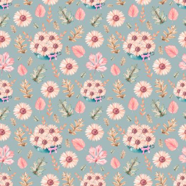 Tekstil, ambalaj kağıdı, hurda ve ürün tasarımında kullanılmak üzere sonbahar yaprakları, dallar ve çiçeklerle kusursuz suluboya deseni