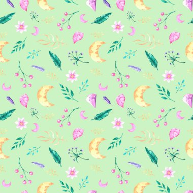 Koleksiyon defteri, duvar kağıdı, tekstil ve ürün tasarımında kullanılacak kristaller, ay ve çiçeklerle kusursuz boho deseni