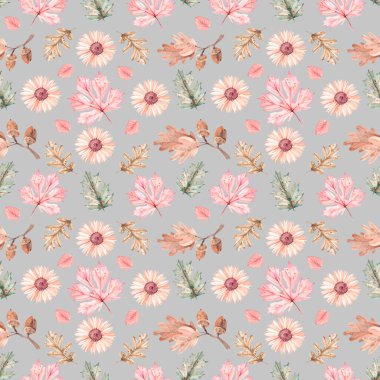 Tekstil, ambalaj kağıdı, hurda ve ürün tasarımında kullanılmak üzere sonbahar yaprakları, dallar ve çiçeklerle kusursuz suluboya deseni